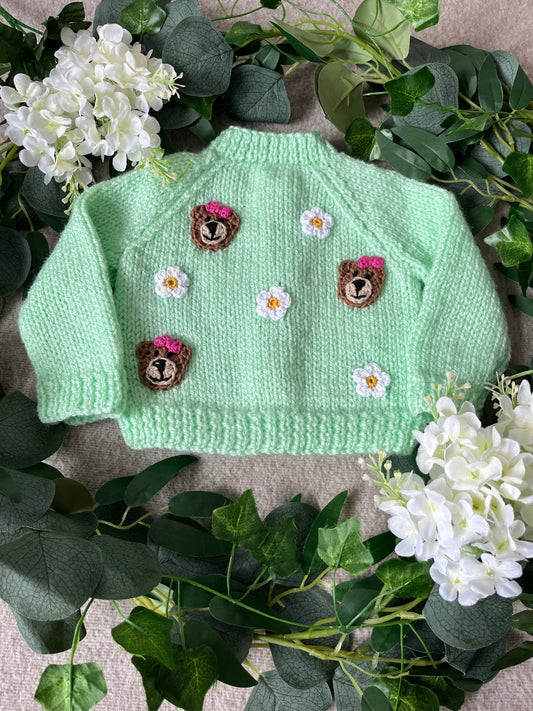 Size 0-3 Months, Bear & Daisy Cardigan, Mint Green Hand Knitted