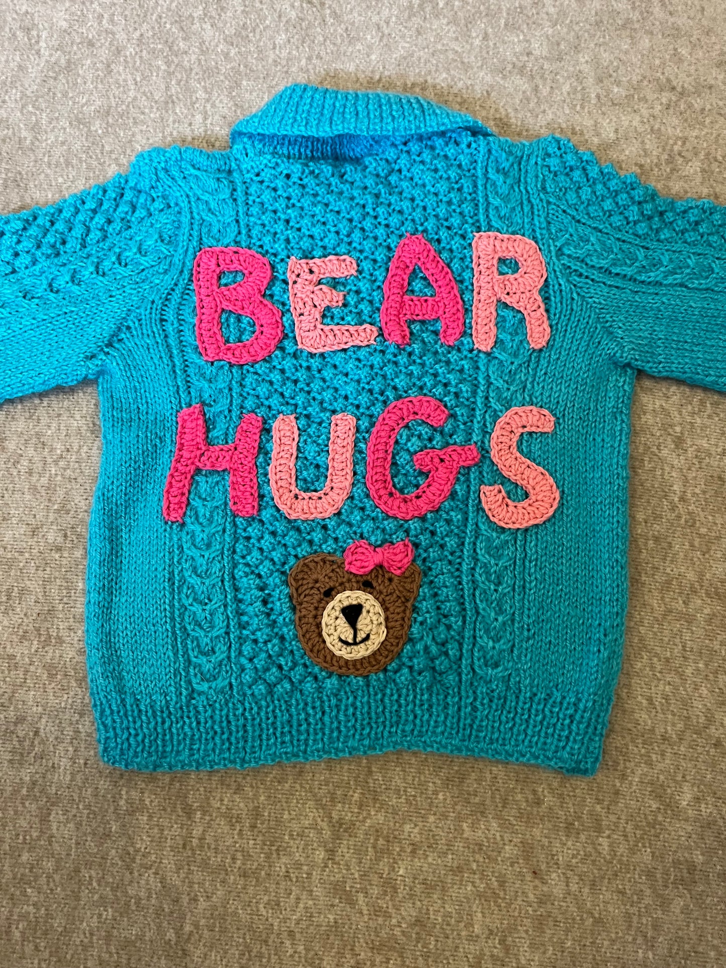 Size 1-2 Years, Bear Hugs, Turquoise Hand Knitted Cardigan