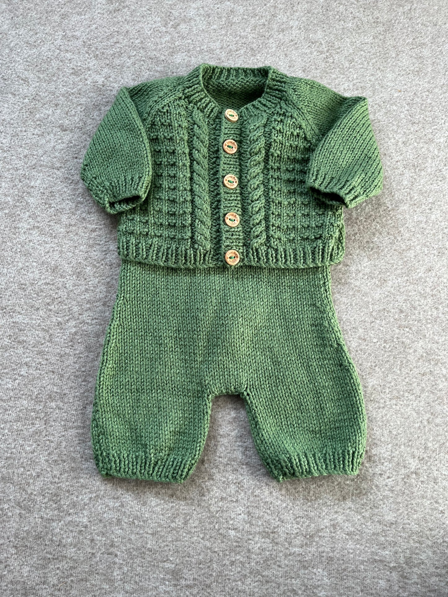 Size 0-3 Months, Baby Bear Romper & Cardi Set, Sage Green Hand Knitted Outfit