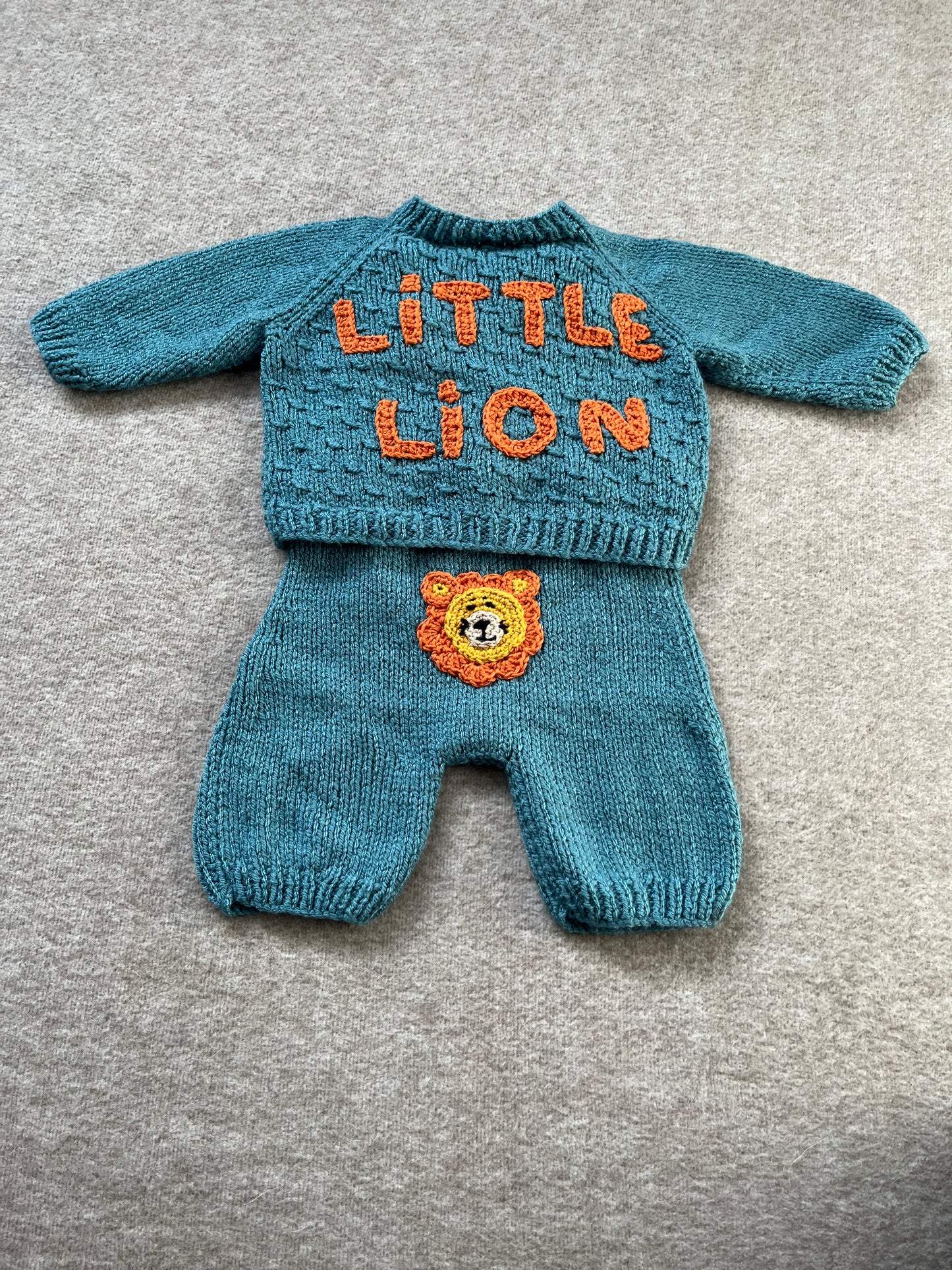 Size 0-3 Months, Baby Romper & Cardigan Set, Hand Knitted Turquoise Baby Gift, Little Lion