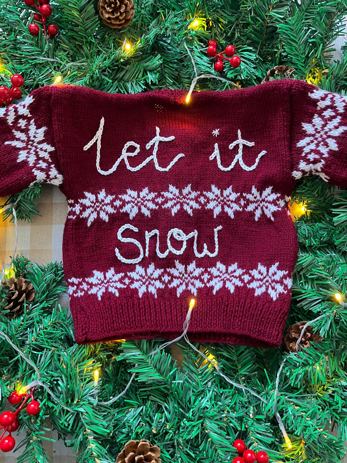 Size 2-3 Years, Let it Snow, Burgandy Hand Knit Cardigan