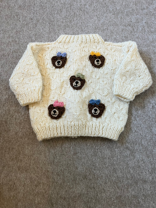 Size 0-3 Months, Hand knitted Cream Cardigan, Bears with Bow, New Baby Present