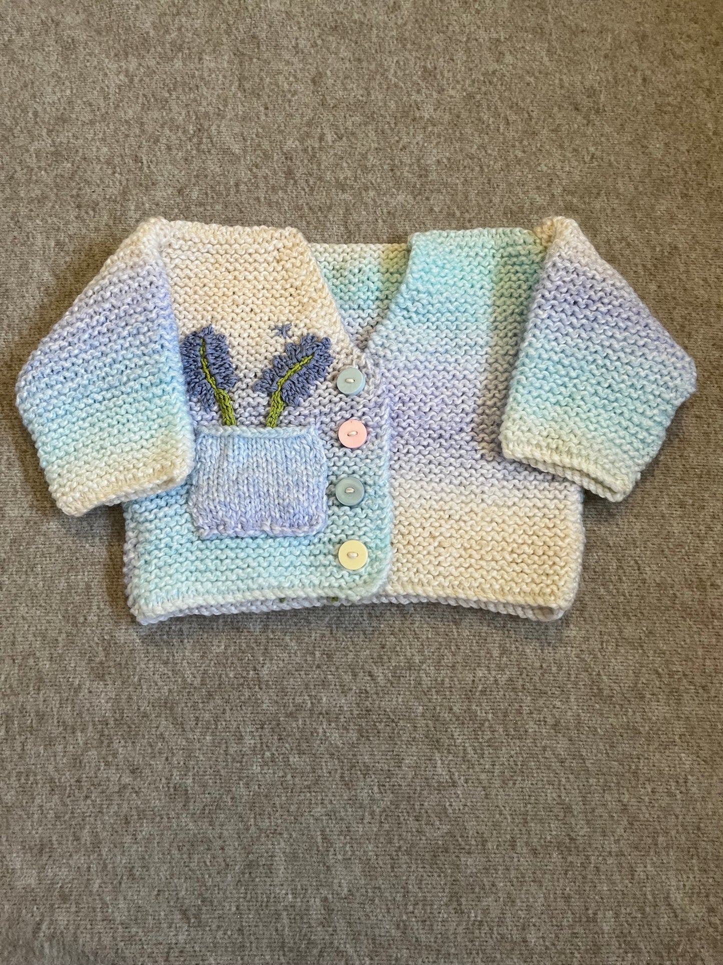 Size 0-3 Months, Bloom Lilac Patel Hand Knitted Baby Cardigan, Lavender Flower, Baby Girl Cardigan