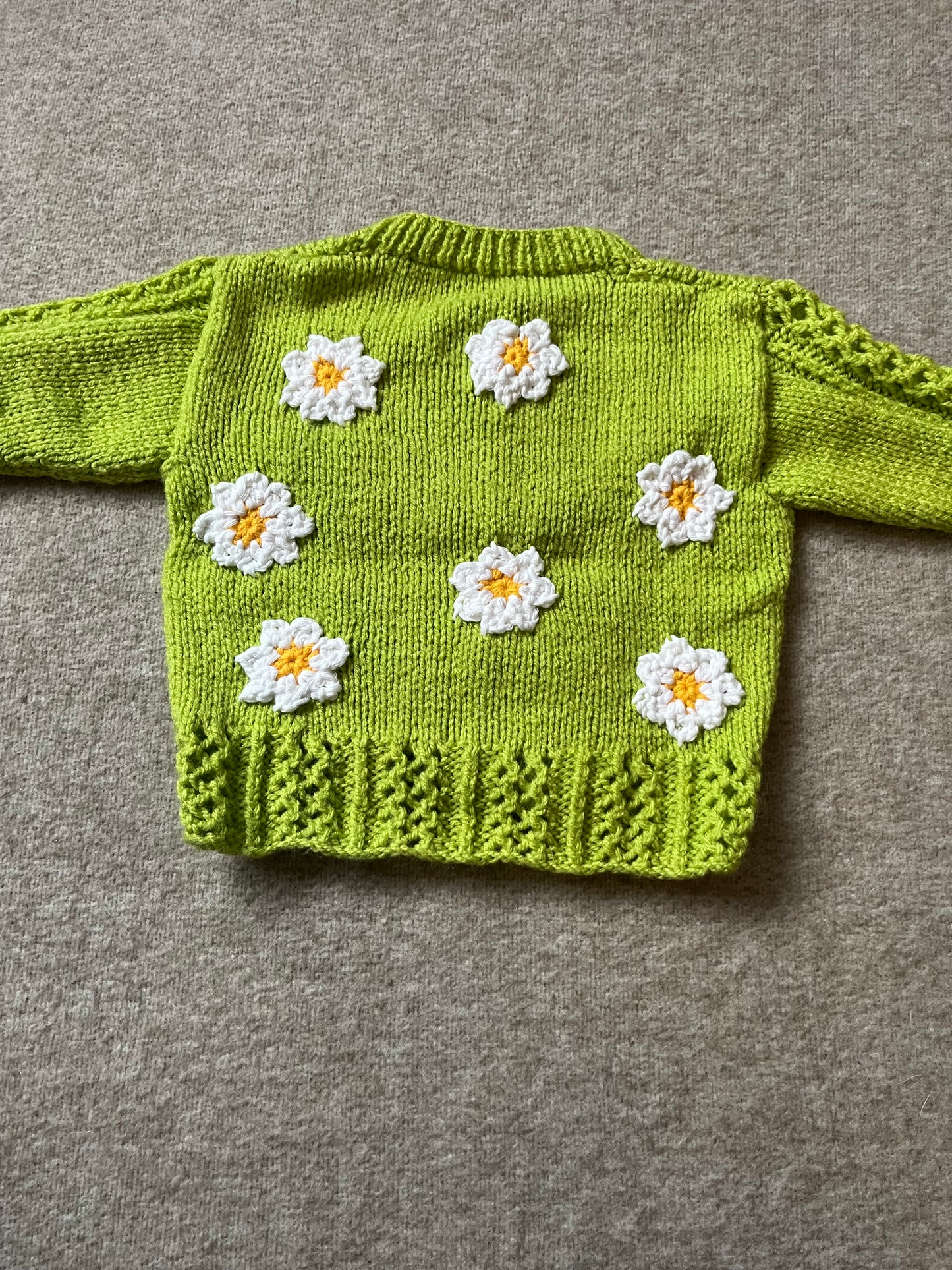 Size 6-12 Months, Green Floral Baby Cardigan, Hand Knitted Baby Girl