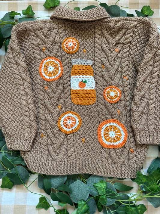 Size 4-6 years, Brown Chunky Cable knit. Marmalade Jar & Orange slices