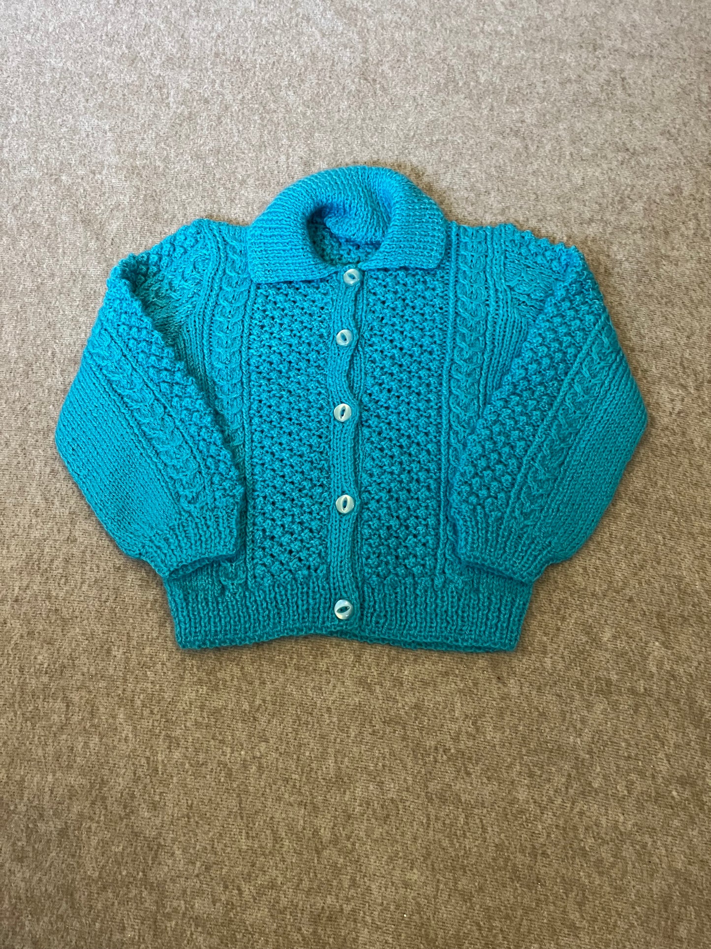 Size 1-2 Years, Bear Hugs, Turquoise Hand Knitted Cardigan