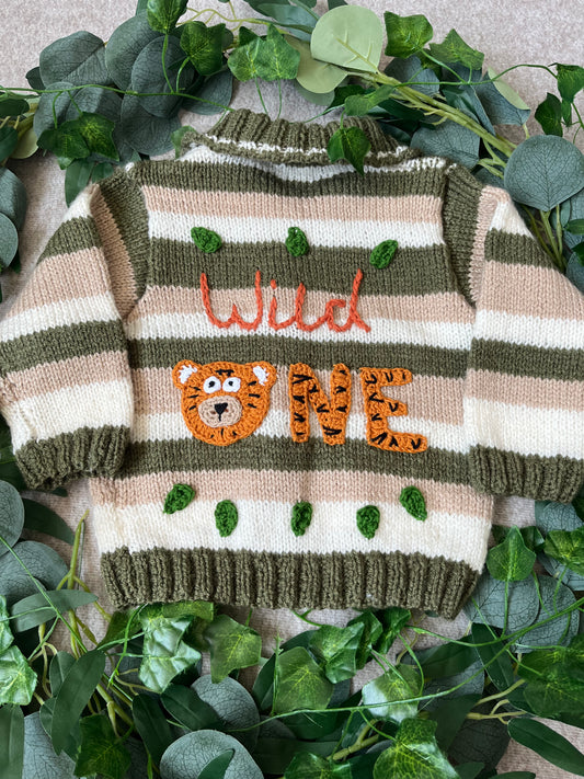 Size 1-2 Years, Wild One, First Birthday, Everyday Cardigan, Khaki Striped