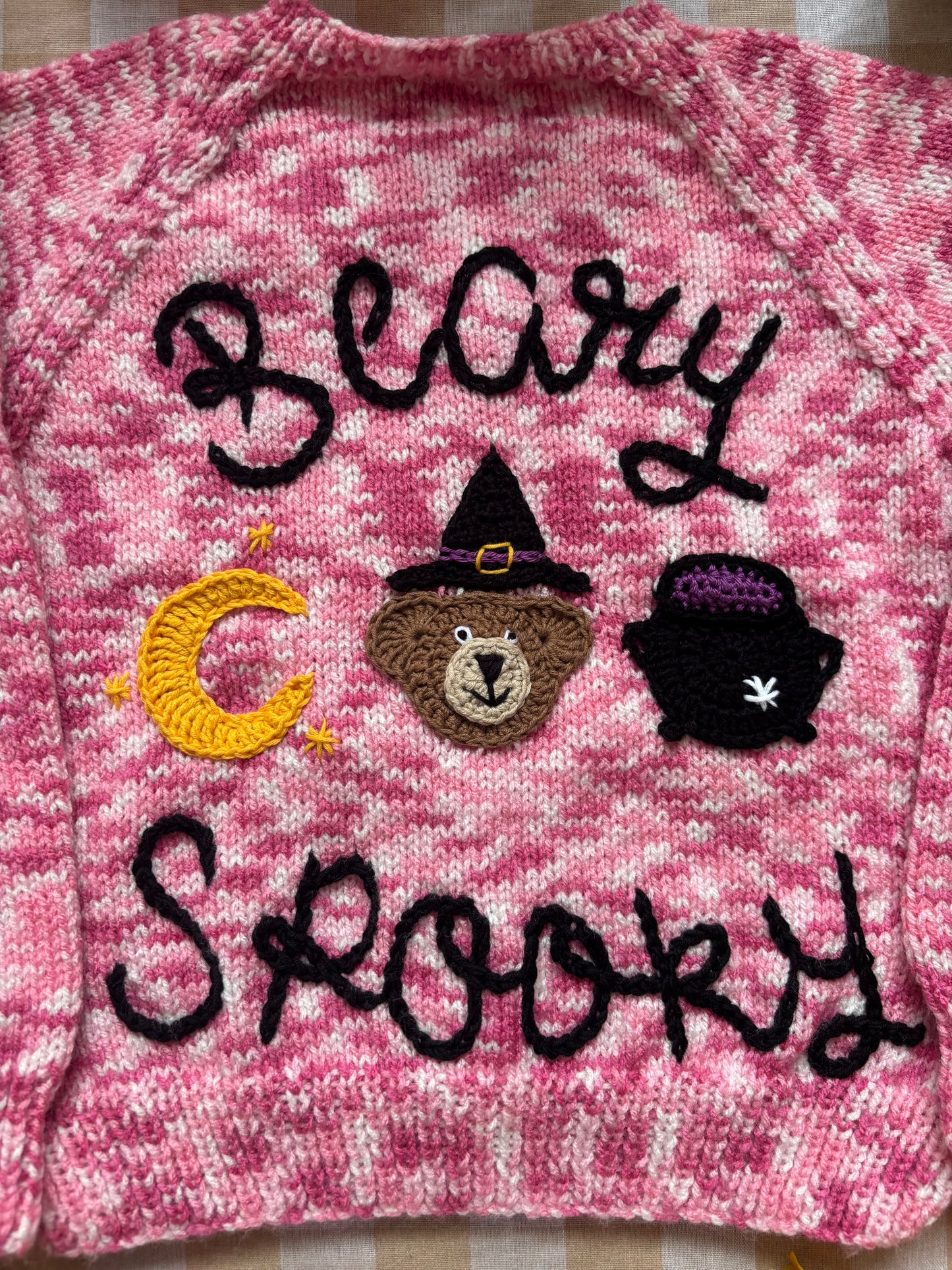 Size 4-5 Years, Beary Spooky, Pink Hand Knitted Cardi