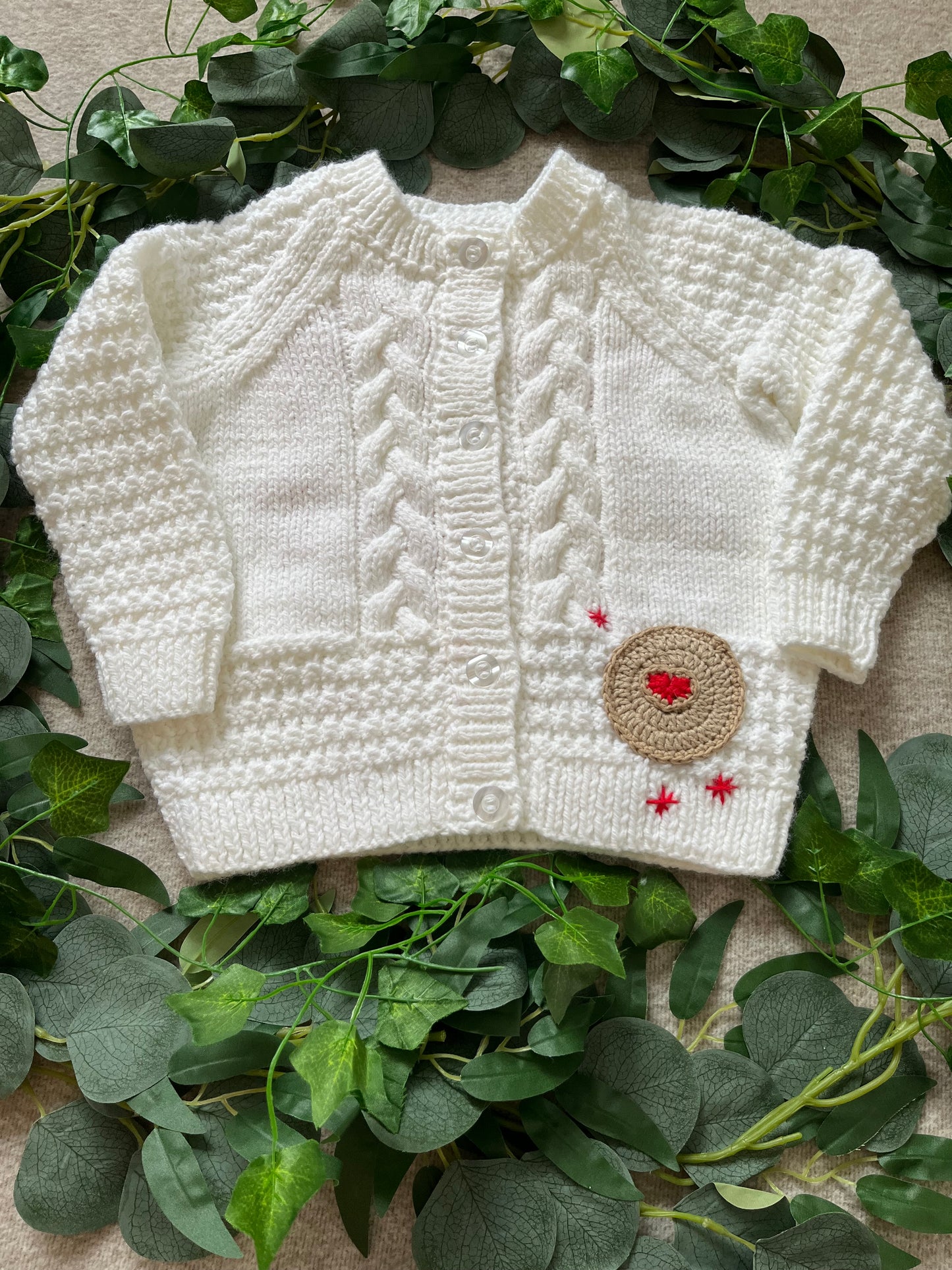 Size 1-2 Years, Jammy Dodger, White Hand Knitted Cardigan