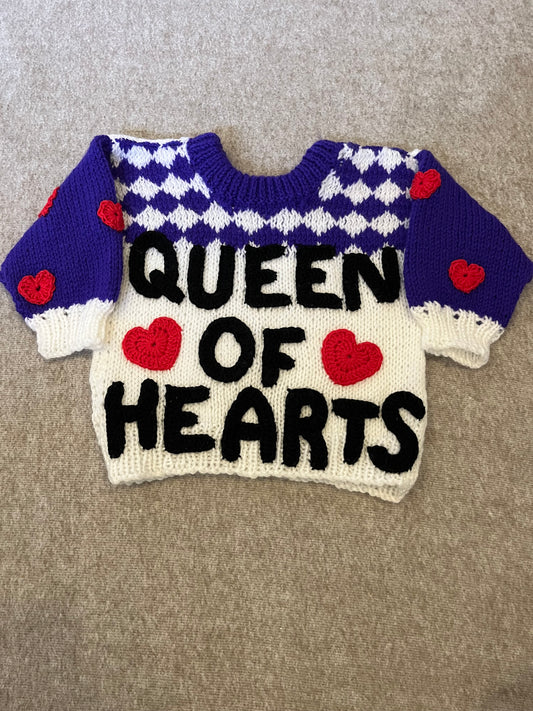 Size 12 Months, Queen of Hearts, Baby Jumper, Love Hearts, Hand knitted Baby Sweater