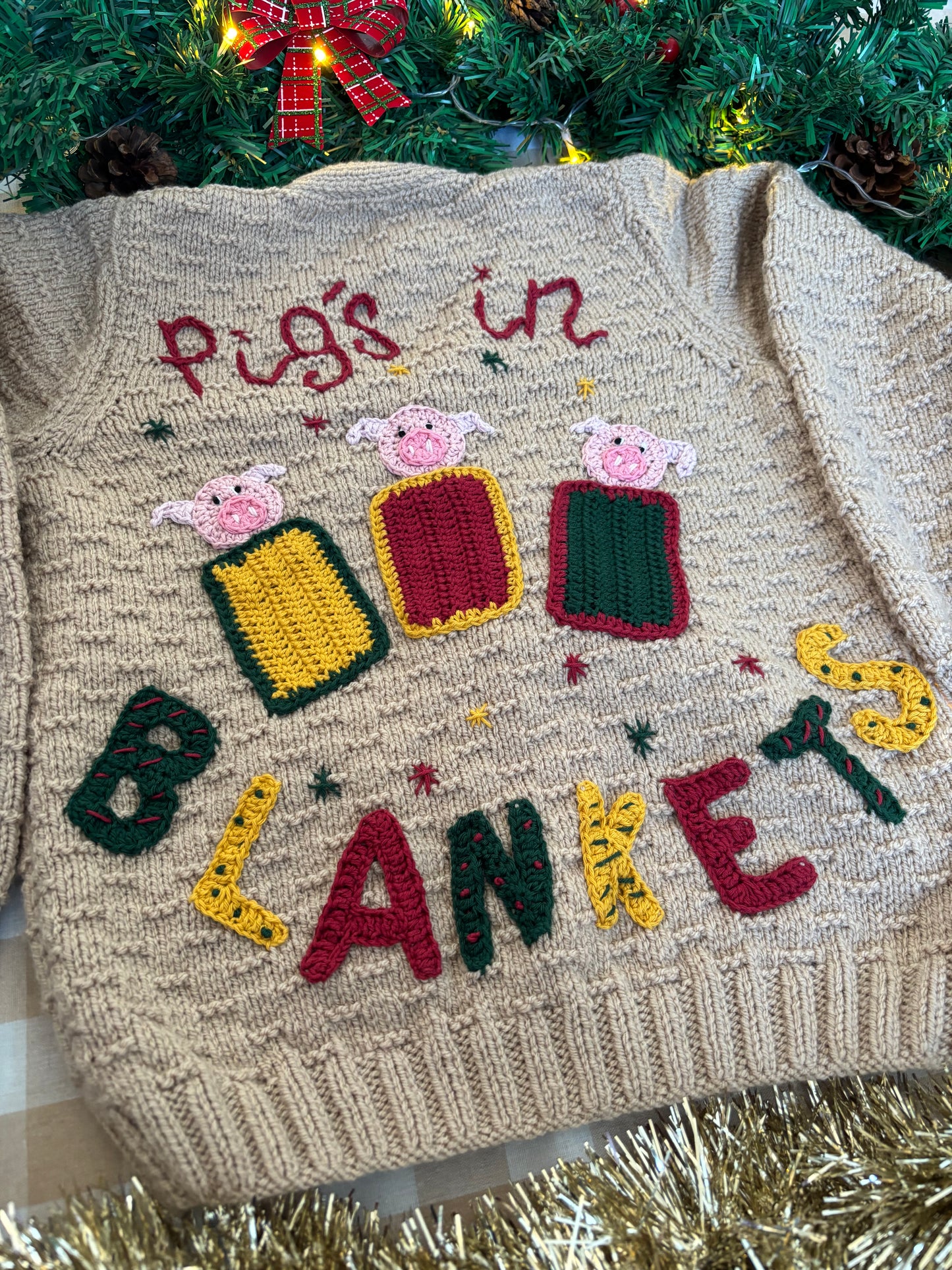 Size 5-7 Years, Pigs in Blankets, Beige Hand knitted Cardi