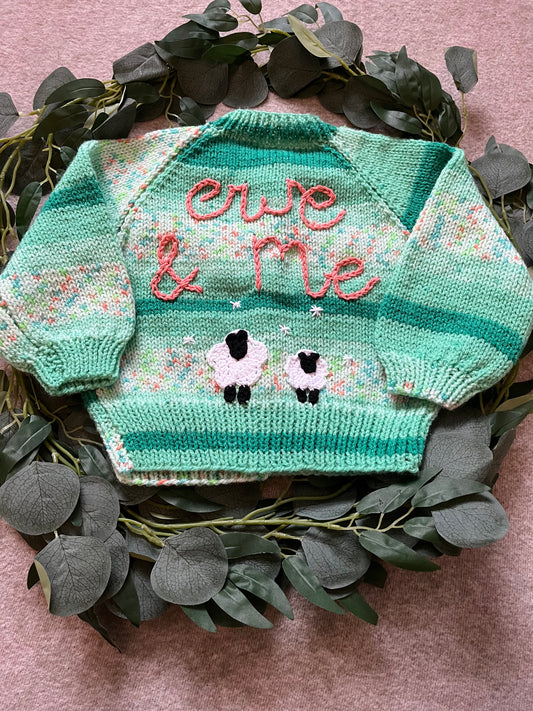 Size 1-2 Years, Ewe & Me, Sheep Cardigan, Green Fleck Hand Knitted Cardigan