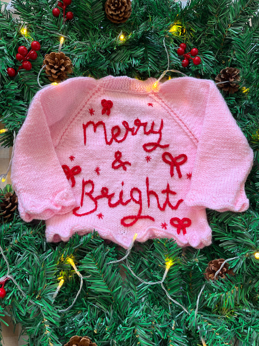 Size 1-2 Years, Merry & Bright, Pink & Red Handknitted Cardi