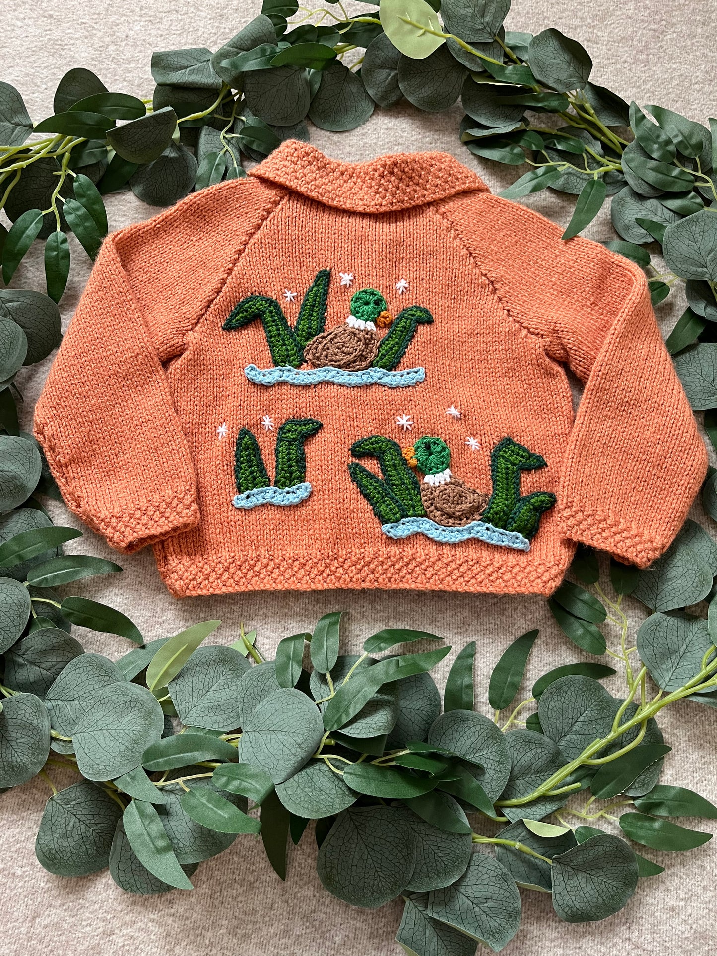 Size 12-18 Months, Duck Pond, Collar Cardigan, Hand knitted Baby