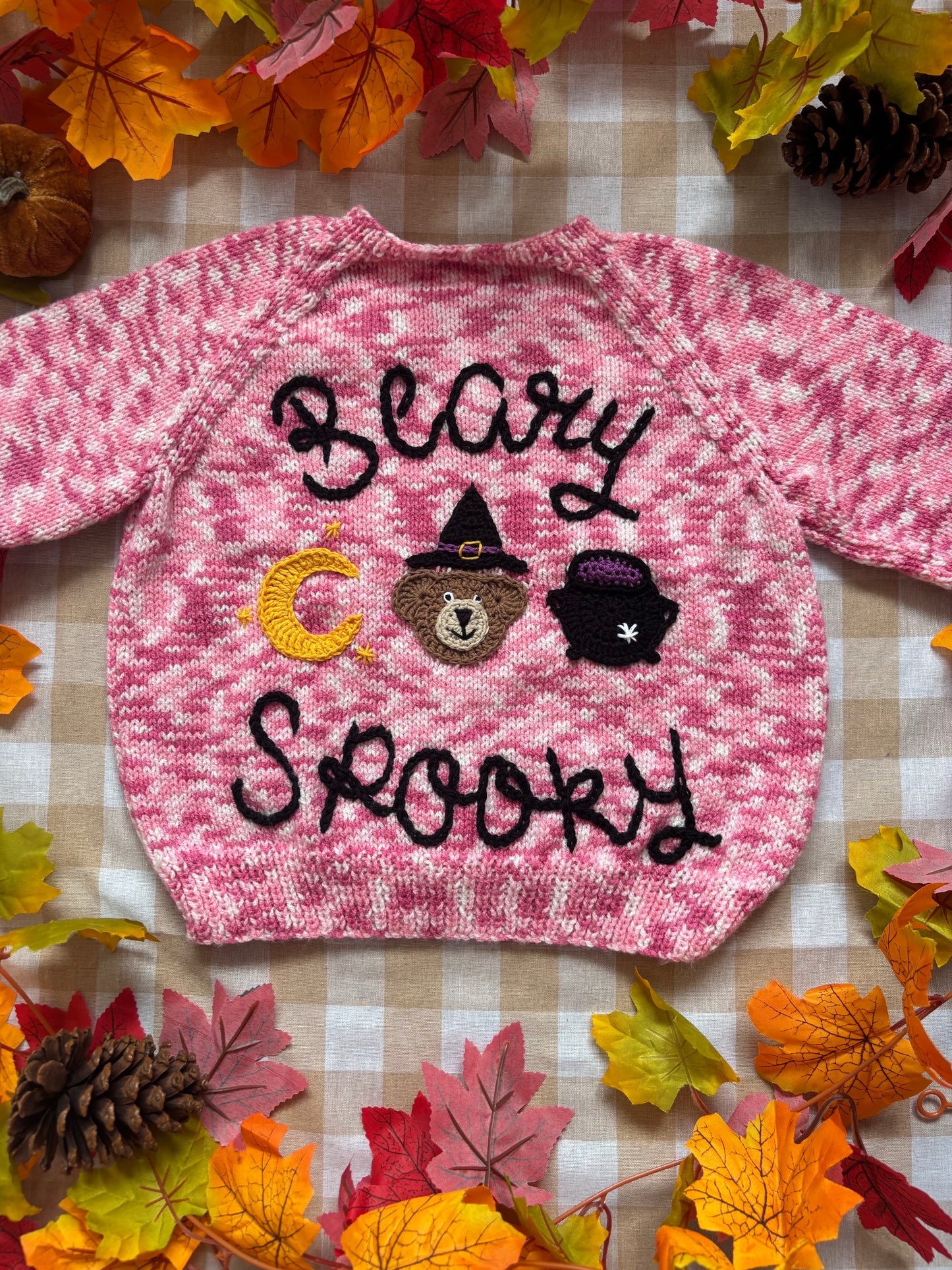 Size 4-5 Years, Beary Spooky, Pink Hand Knitted Cardi