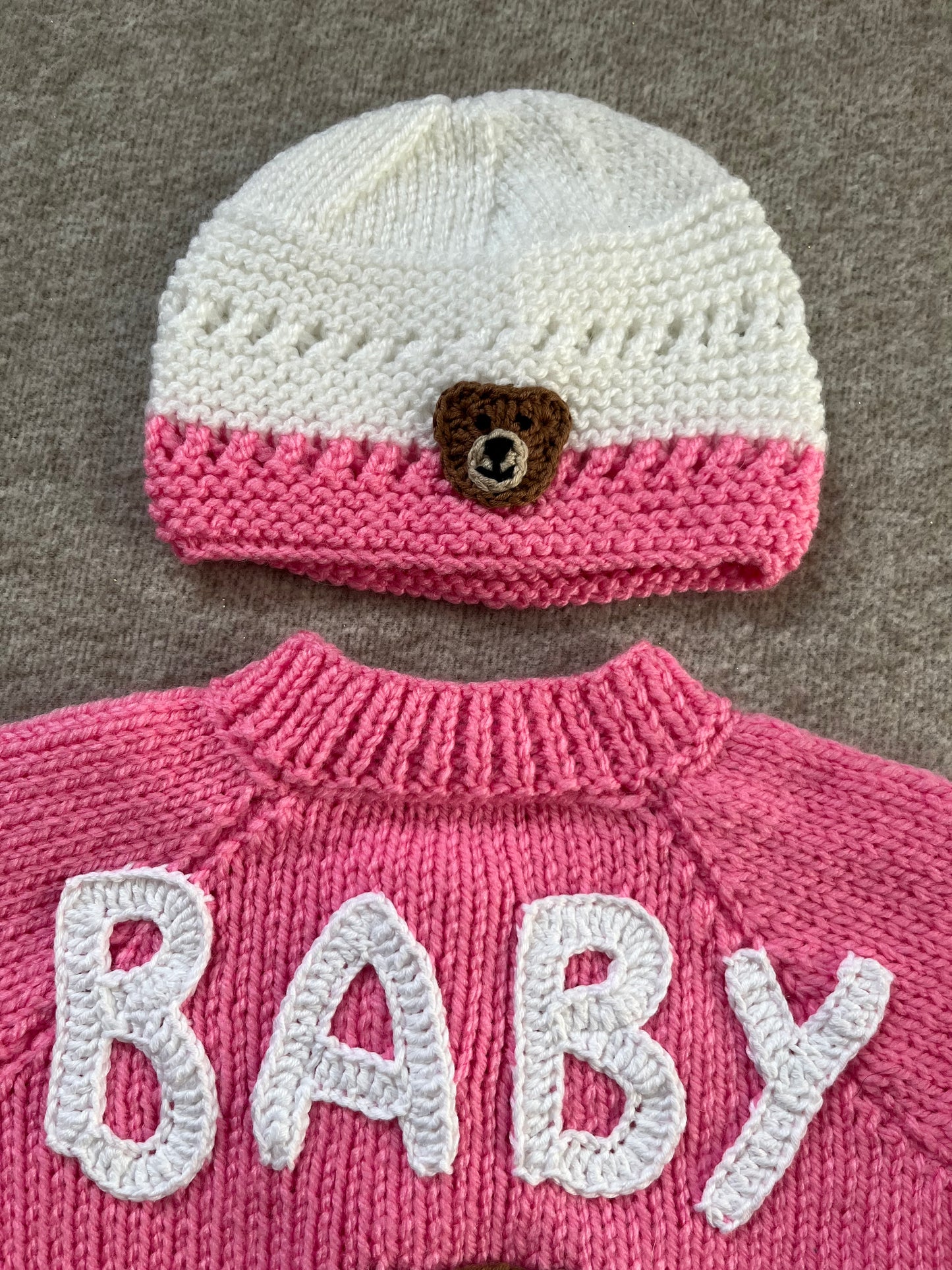 Size 6-12 Months, Baby Bear Cardigan & Hat Set, Hand Knitted Pink & White