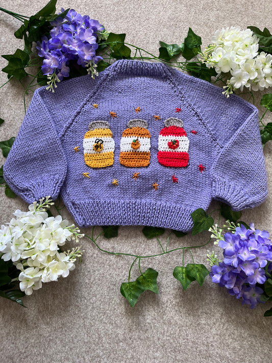 Size 6-12 Months, 3 Jars, Honey, Marmalade, Jam, Purple Hand Knitted Cardigan