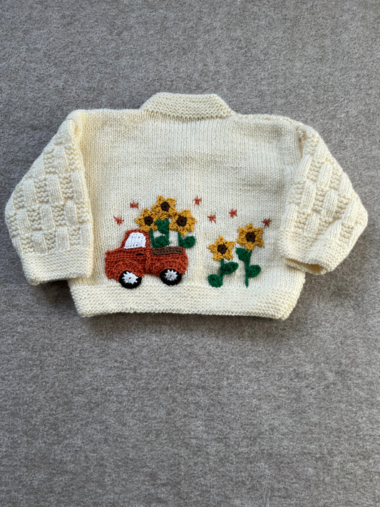 Size 6-12 Months, Sunflower Truck, Chunky Cream Hand Knitted Cardigan