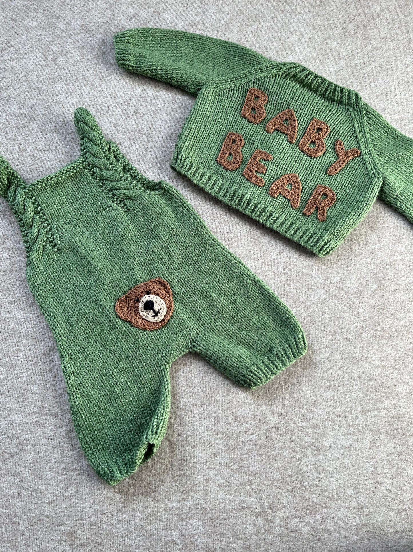 Size 0-3 Months, Baby Bear Romper & Cardi Set, Sage Green Hand Knitted Outfit