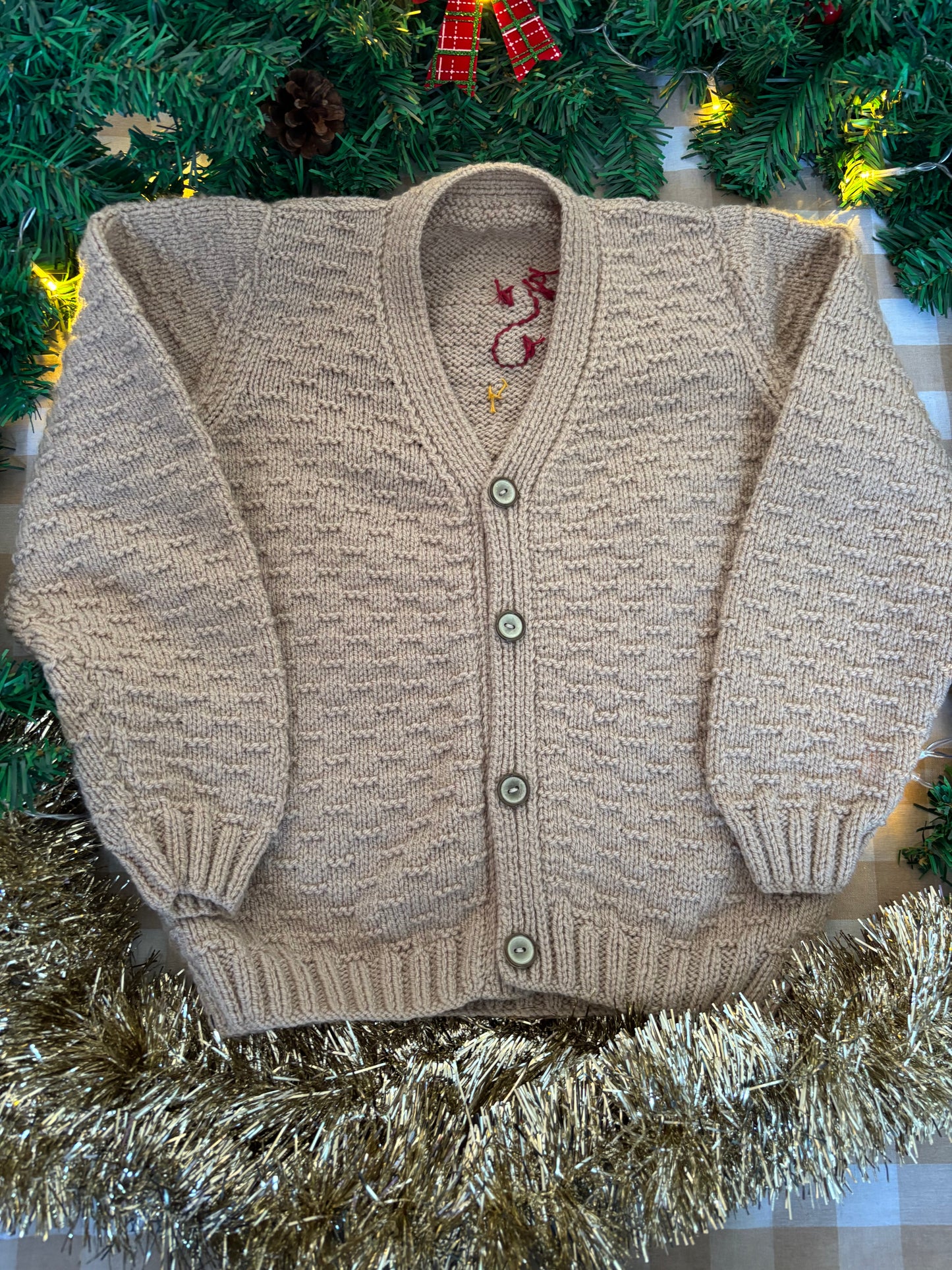 Size 5-7 Years, Pigs in Blankets, Beige Hand knitted Cardi