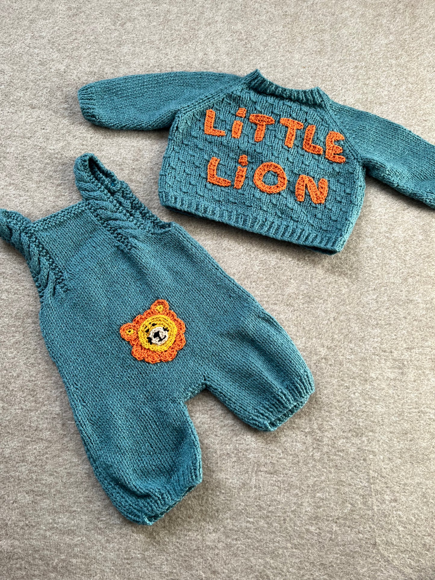 Size 0-3 Months, Baby Romper & Cardigan Set, Hand Knitted Turquoise Baby Gift, Little Lion