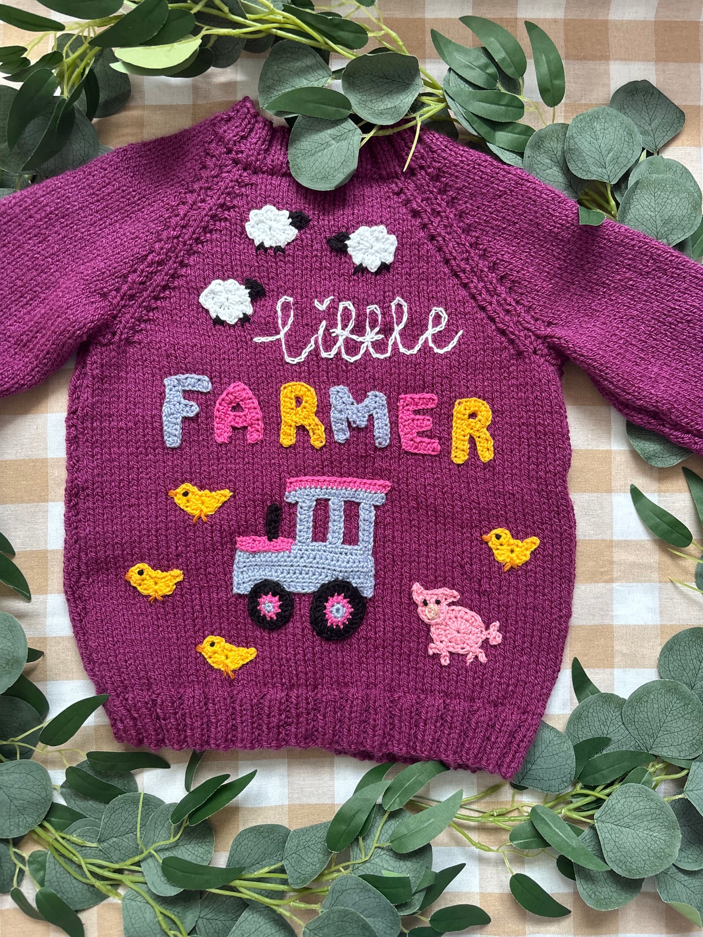 Size 4-5 years, Little Farmer, Purple Hand Knitted Cardi