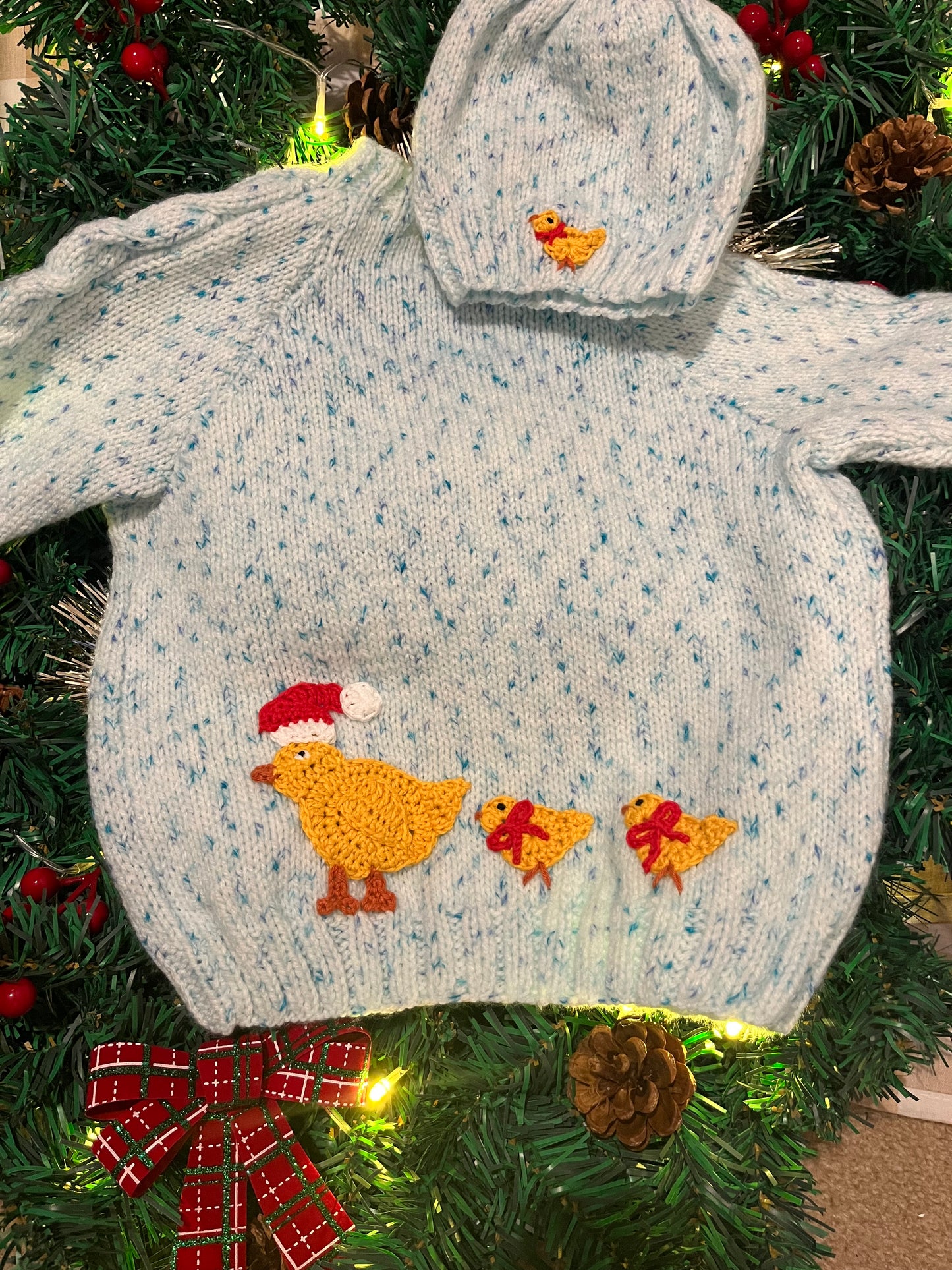 Personalise Me, Size 1-3 Years, Christmas Chicks Name Cardigan, Blue & White Fleck