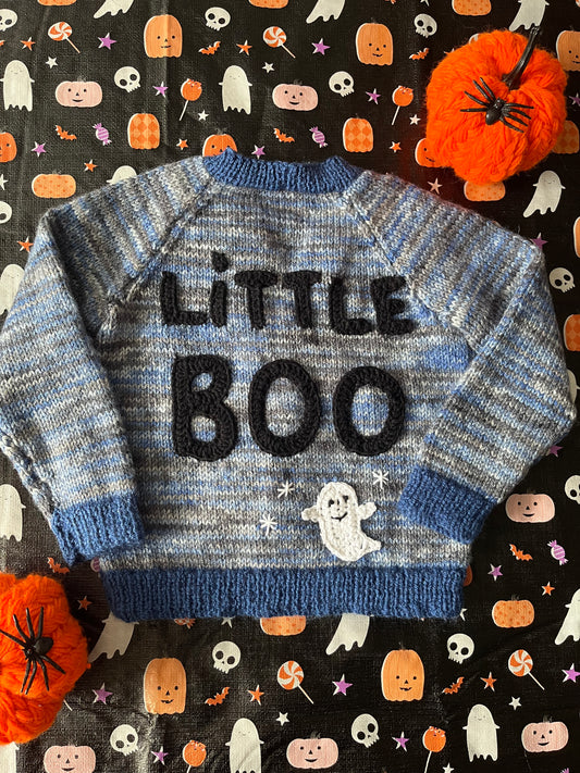 Size 1-2 Years, Little Boo, Blue /Black Hand Knitted Cardi