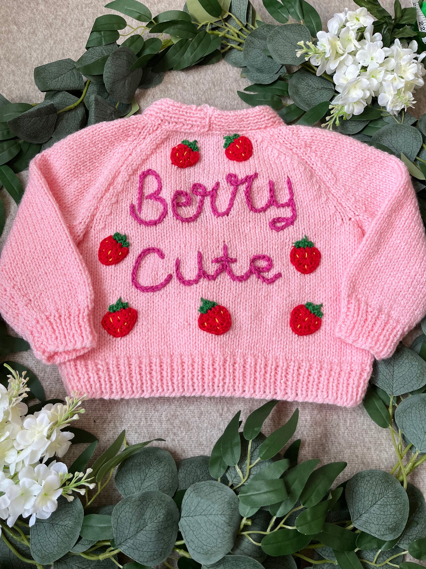 Size 12-18 Months, Berry Cute, Pink Hand Knitted Cardigan