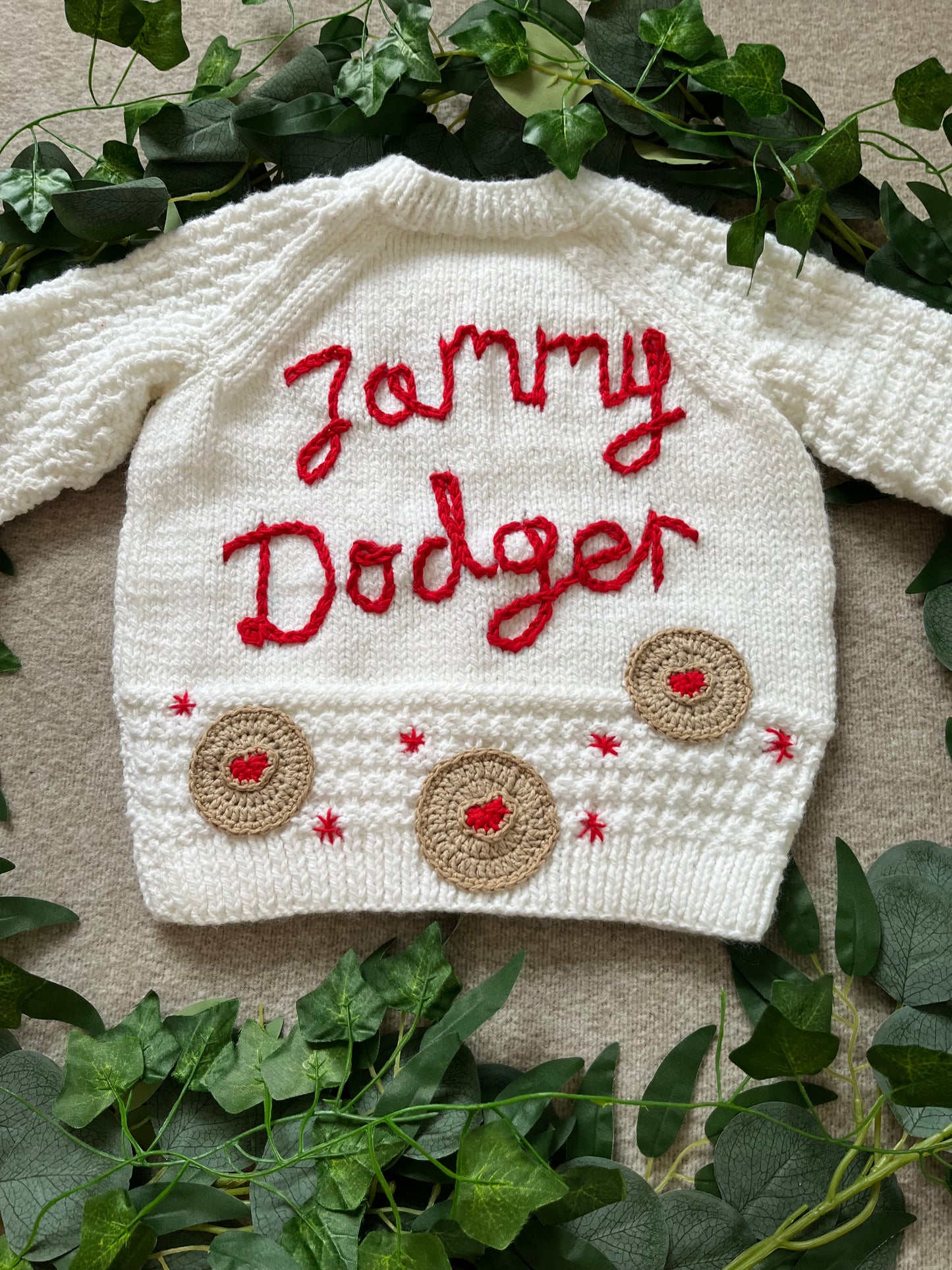 Size 1-2 Years, Jammy Dodger, White Hand Knitted Cardigan