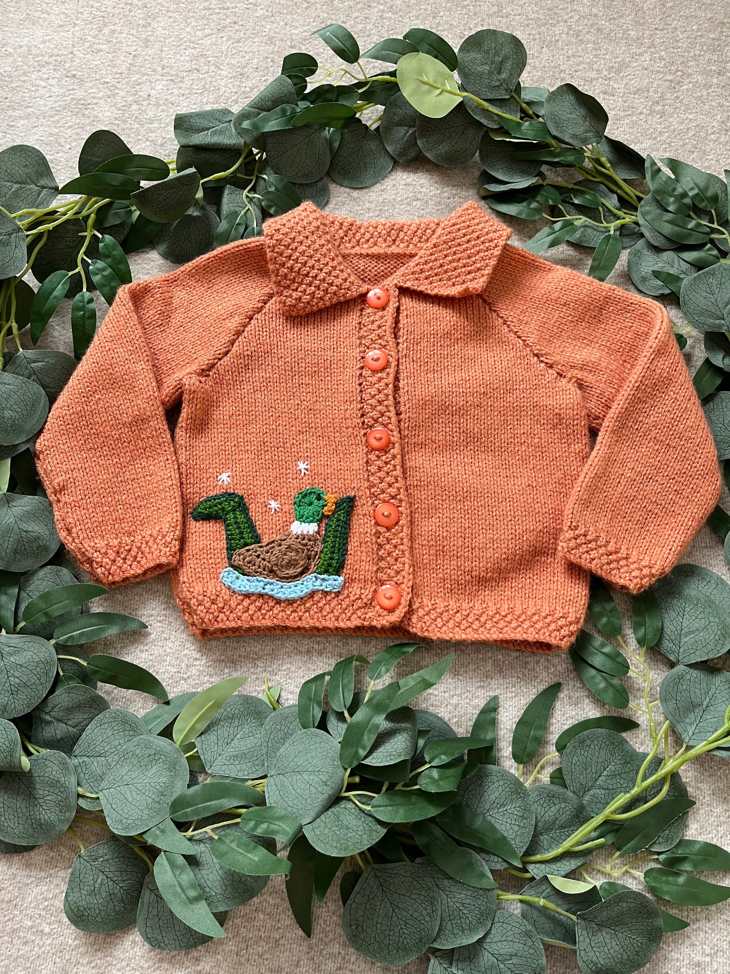 Size 12-18 Months, Duck Pond, Collar Cardigan, Hand knitted Baby