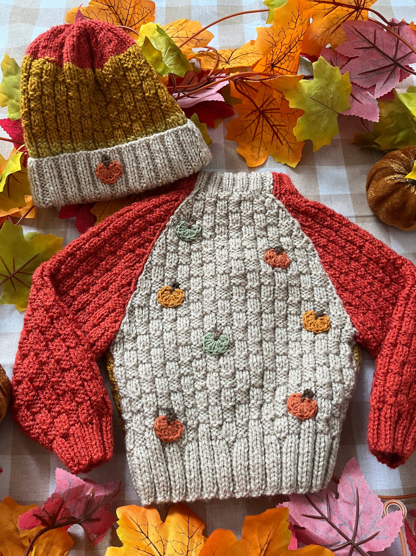 Size 0-3 Months, Mini Pumpkin Cardi & Hat Set, Autumnal Colour Block