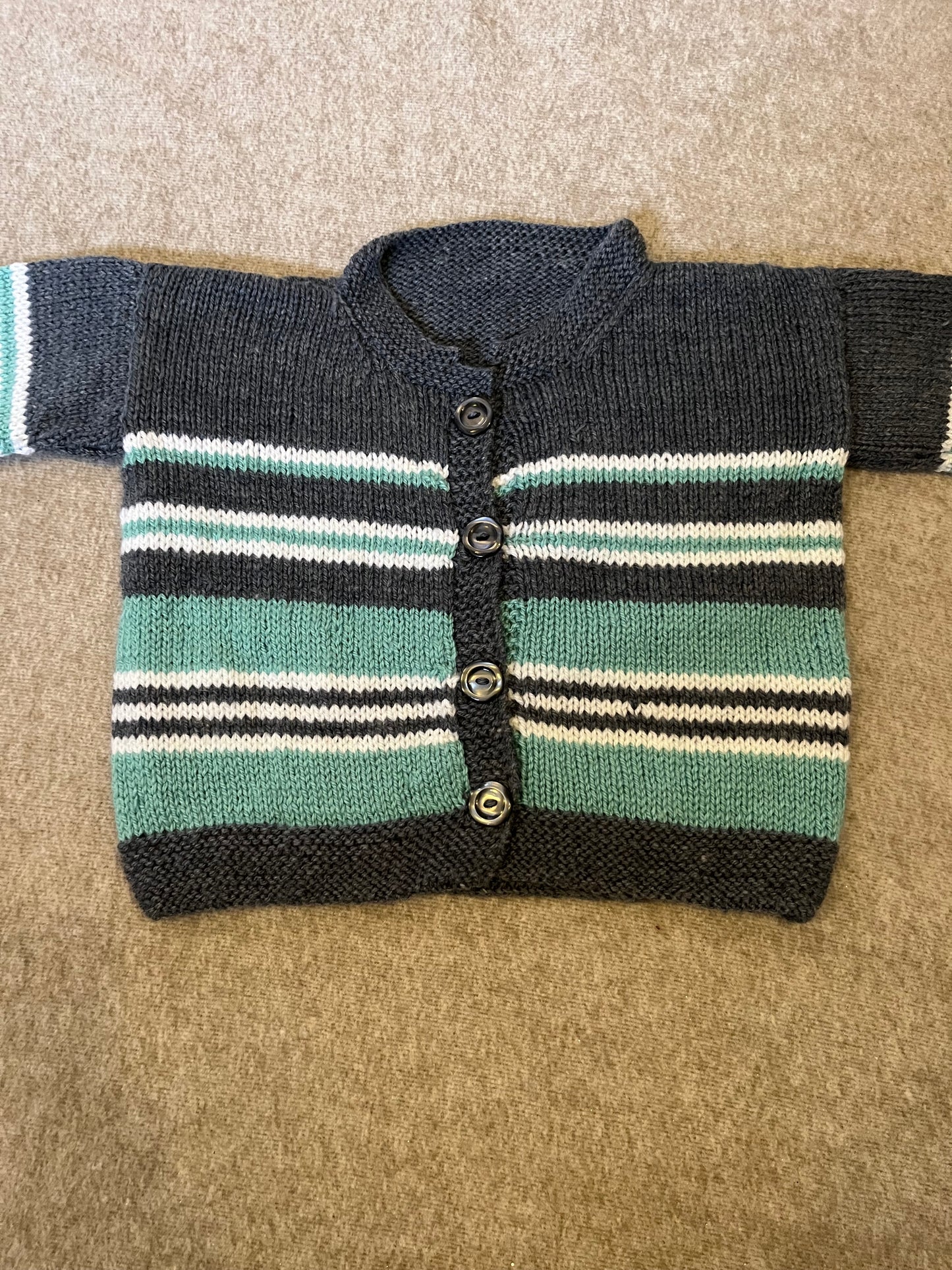 Size 2-3 Years, Explorer, Turquoise Stripe Cardigan, Hand knitted Kids Cardigan, Exploring Bear