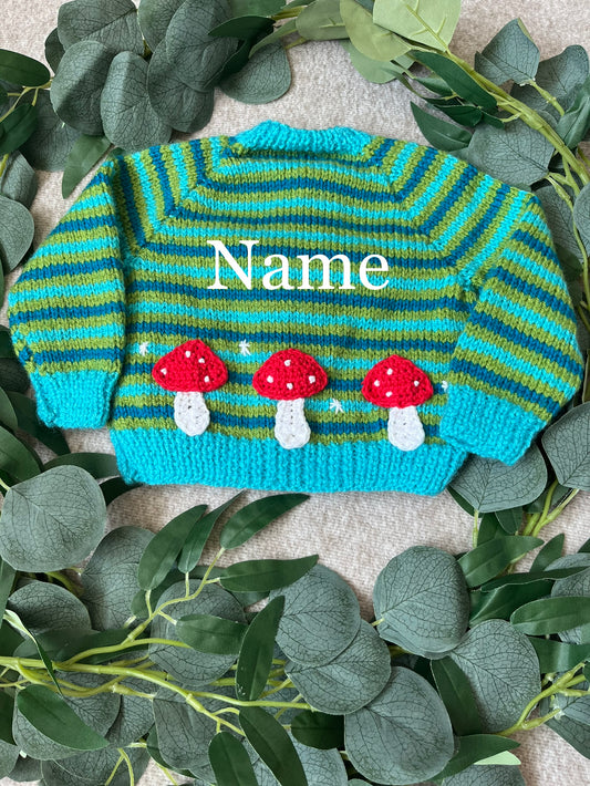 Size 0-3 Months, Personalise Me, Name Cardigan, Stripe Toadstool Cardigan
