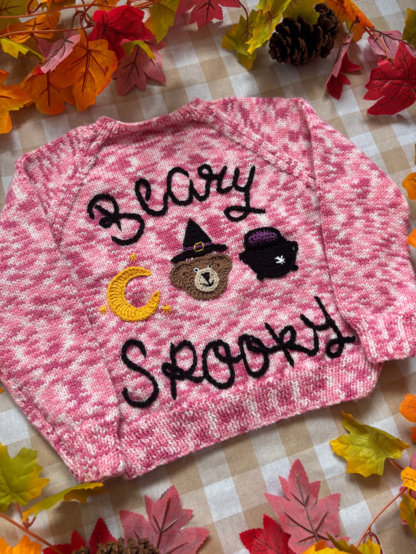Size 4-5 Years, Beary Spooky, Pink Hand Knitted Cardi