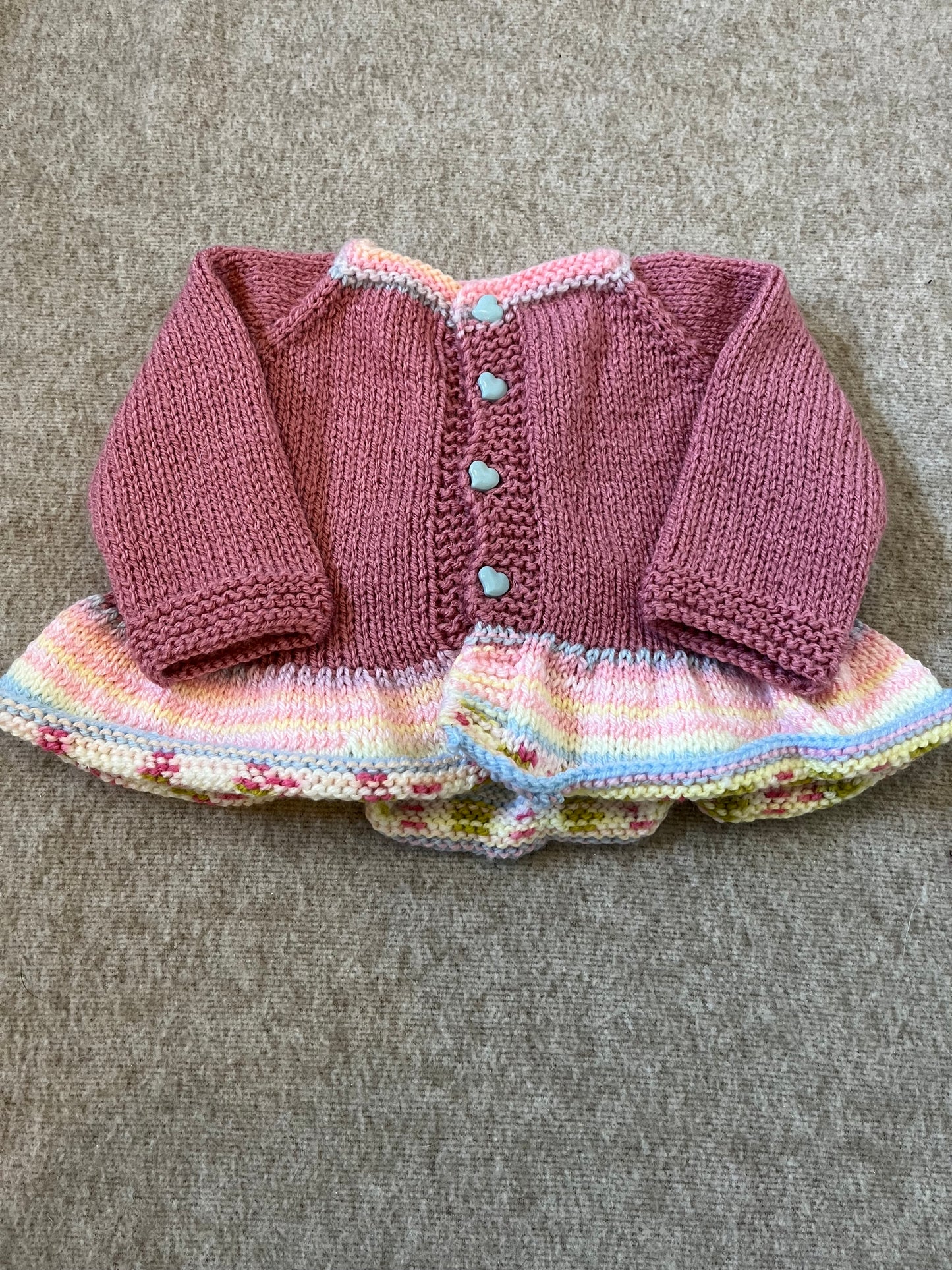 Size 0-3 Months, Hand Knitted Baby Bear with Flowers, Frill Cardigan