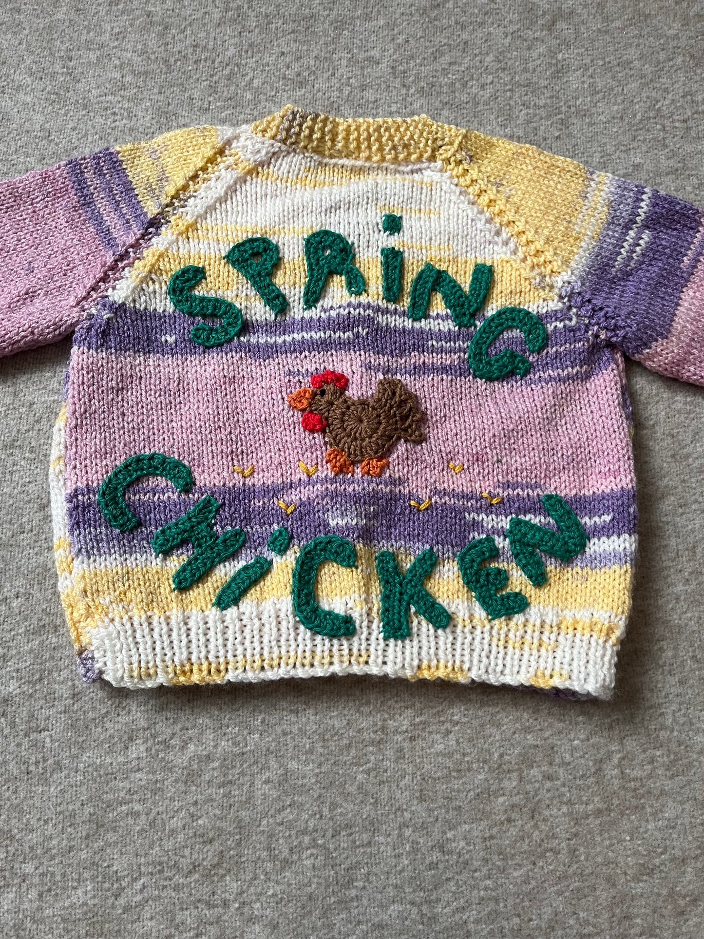 Size 1-2 years, Spring Chicken, Hand Knitted Baby Cardigan