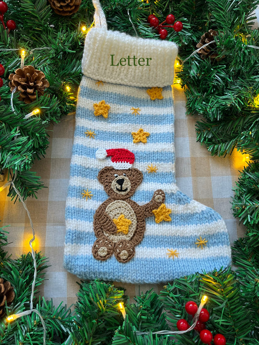 Christmas Stocking, Blue & White Stripe, Bear with Stars