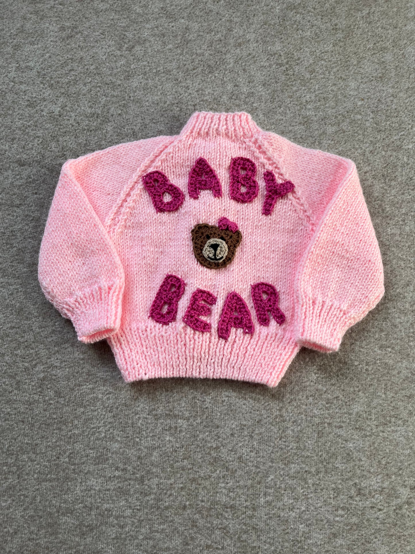 Size 3-6 Months, Pink Baby Bear Hand Knitted Cardigan