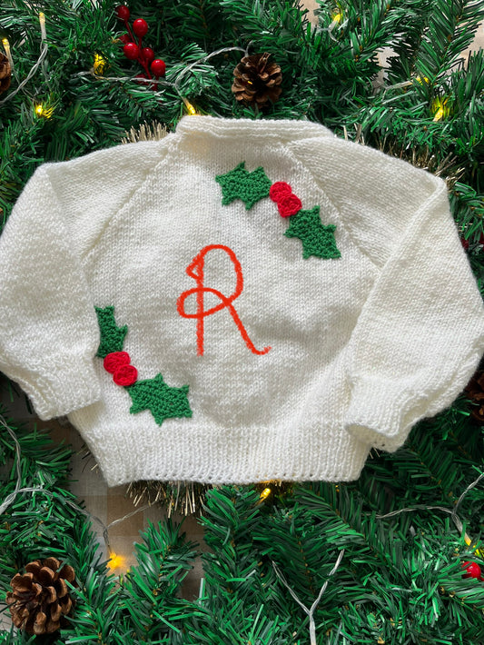 Personalise Me, Size 12-18 Months, Add a Letter, White Sparkly Holly Cardi