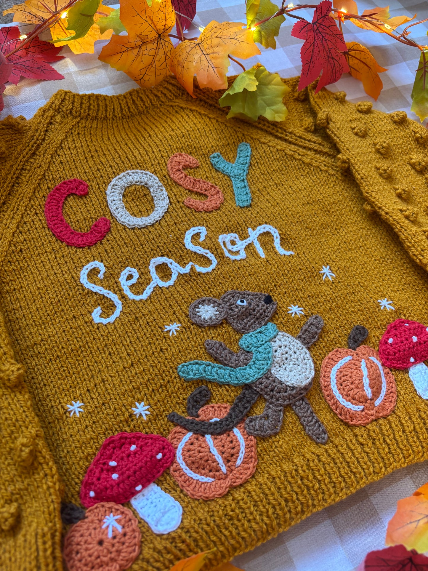 Size 4-6 Years, Cosy Season Mouse, Mustard Popcorn sleeves