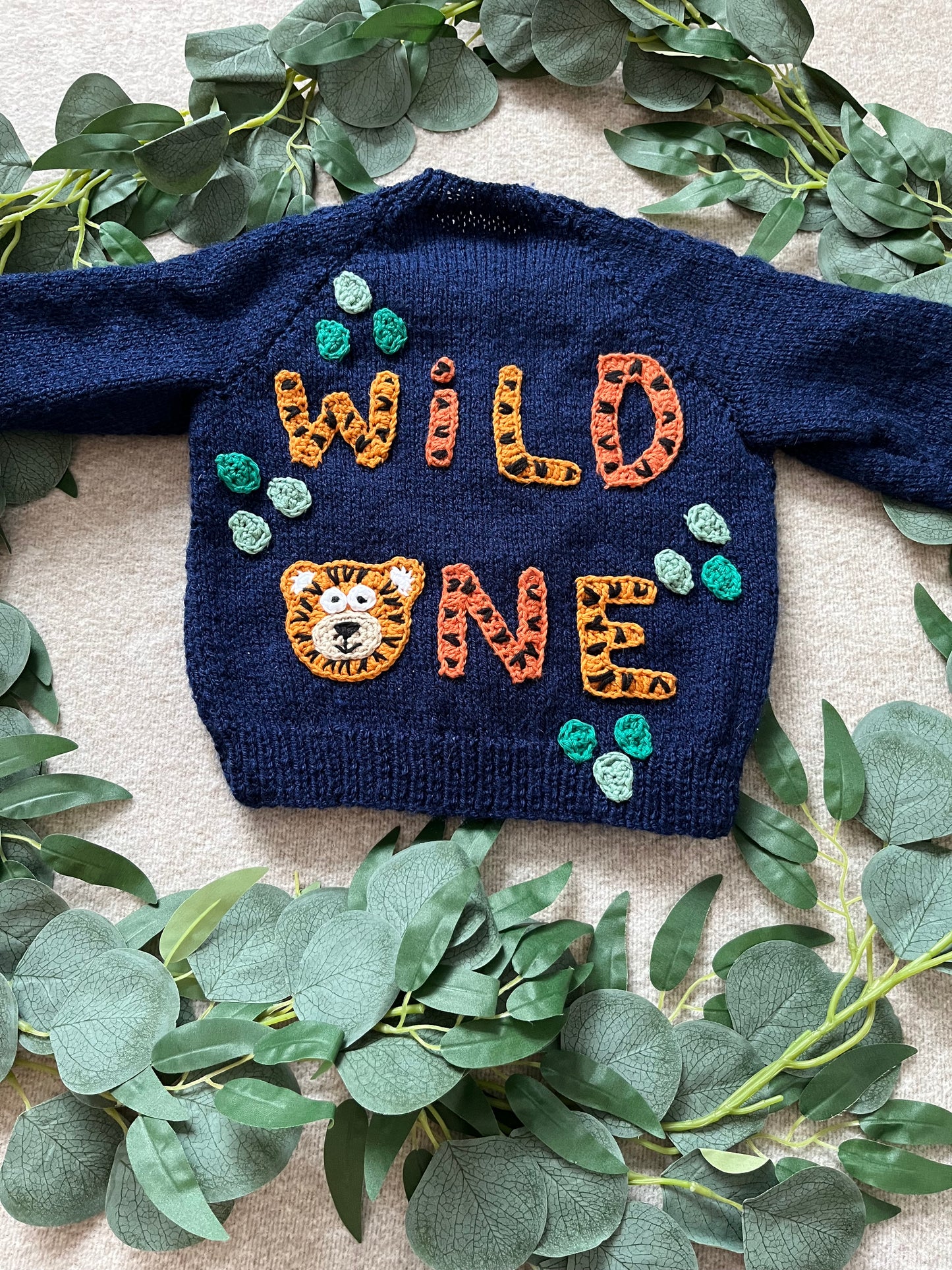 Size 12-18 Months, Wild One, Hand knitted Navy Cardigan, First Birthday Cardigan