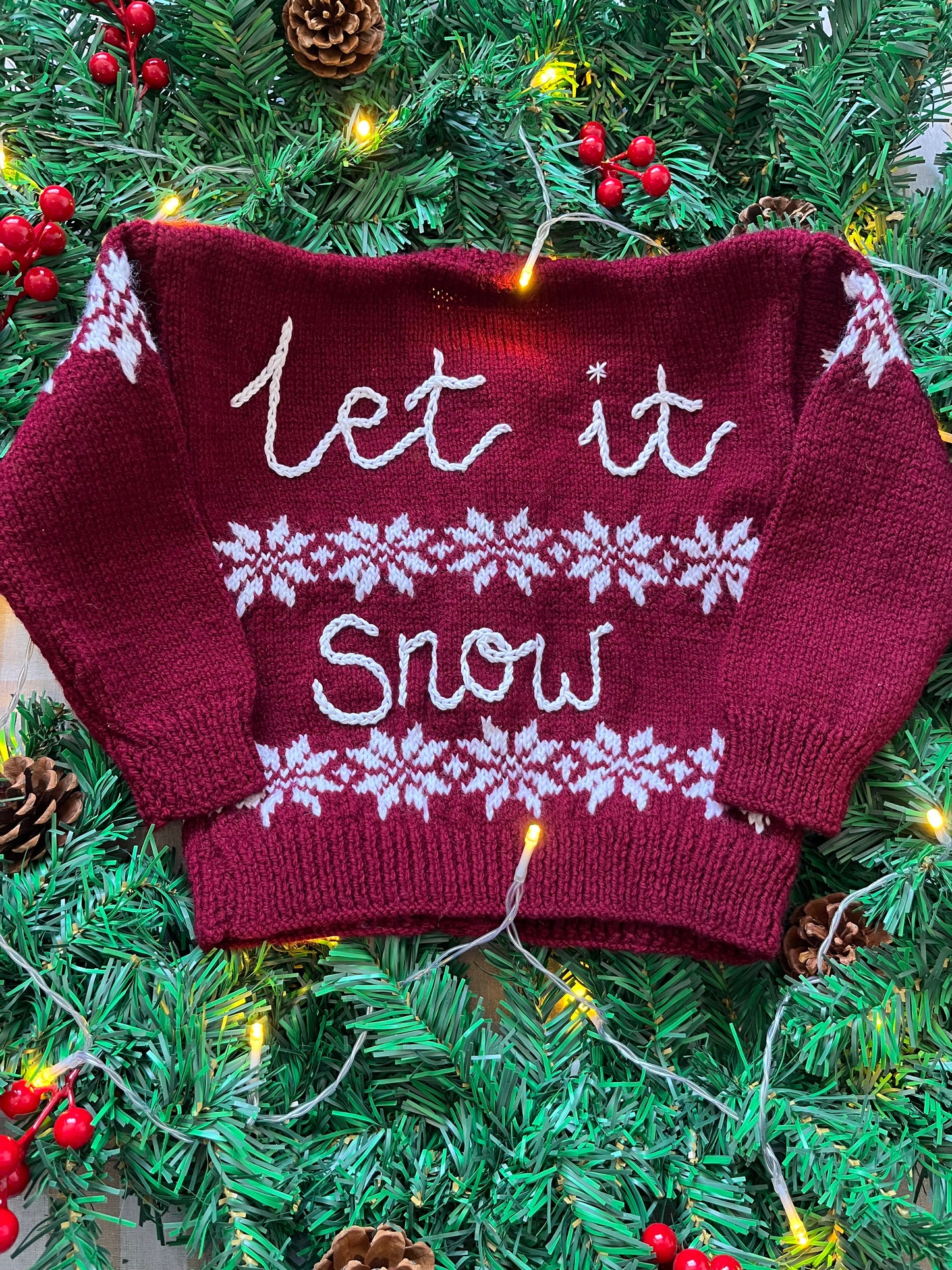 Size 2-3 Years, Let it Snow, Burgandy Hand Knit Cardigan