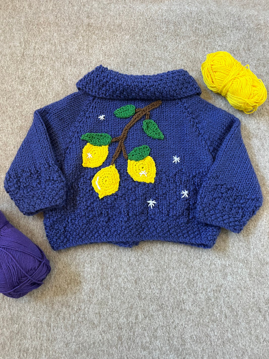 Size 0-3 Months, Baby Girl Hand Knitted Purple Cardigan, Lemon Tree, Baby Gift