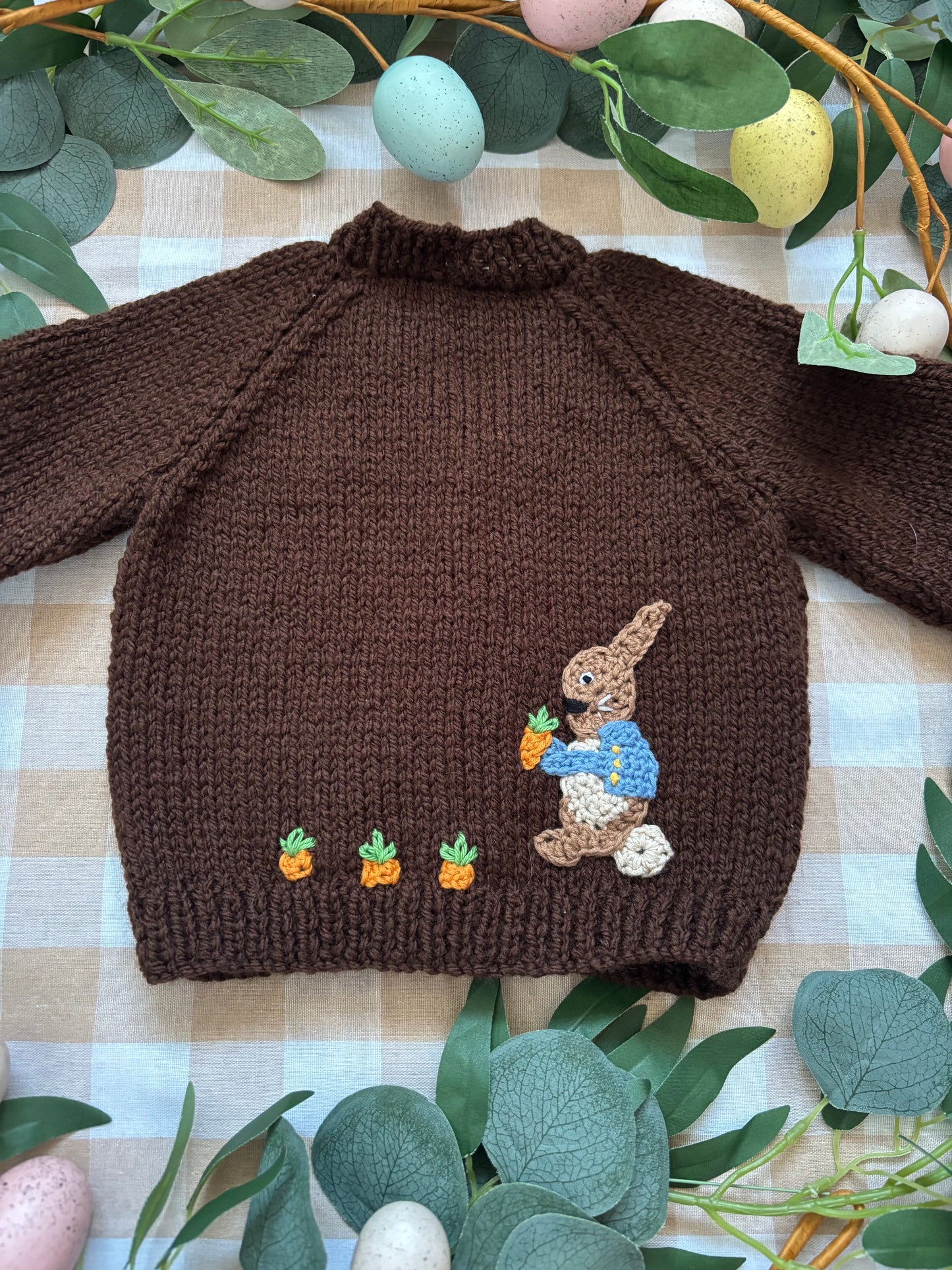 Size 0-6 Months, Peter Rabbit picking Carrots, Brown Cardi