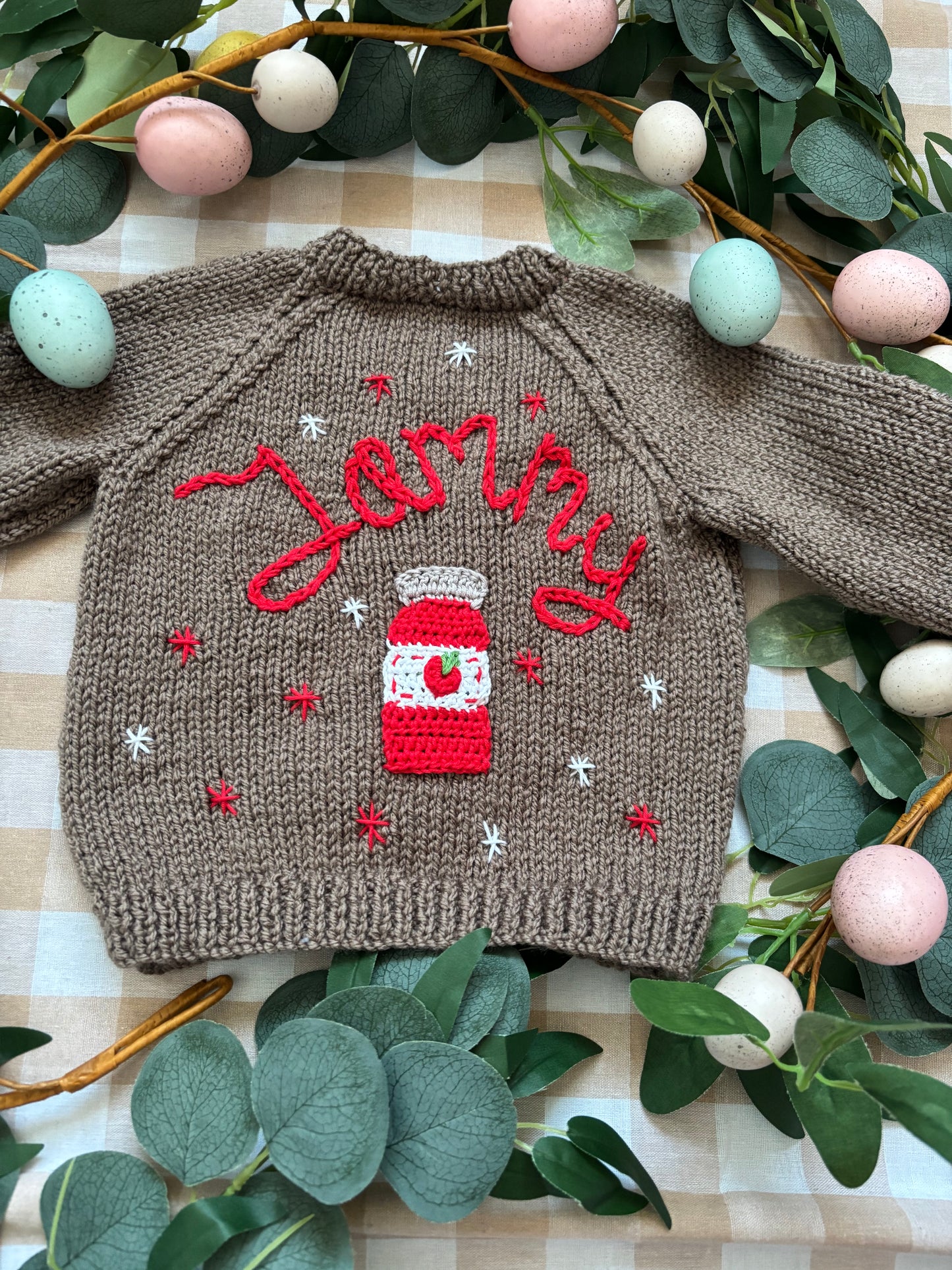 Size 9-12 Months, Jammy with a Strawberry Jam Jar, Brown Cardi