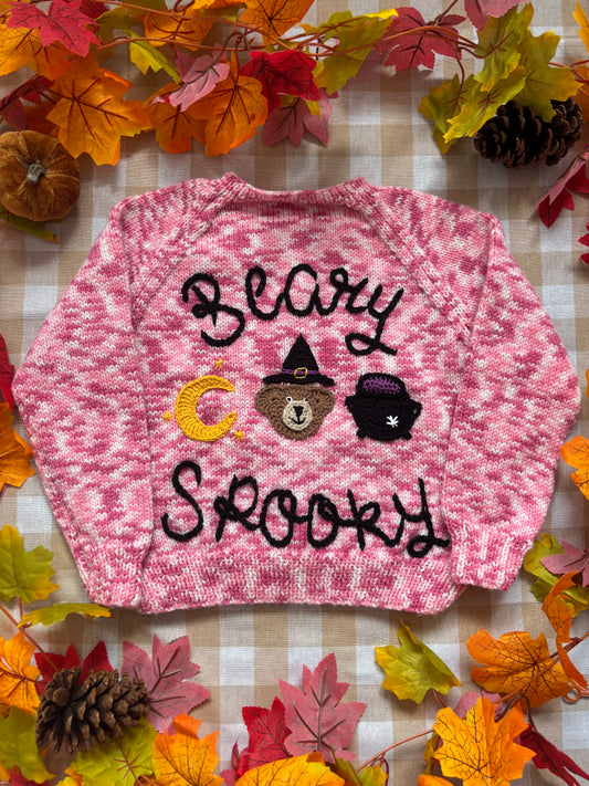 Size 4-5 Years, Beary Spooky, Pink Hand Knitted Cardi