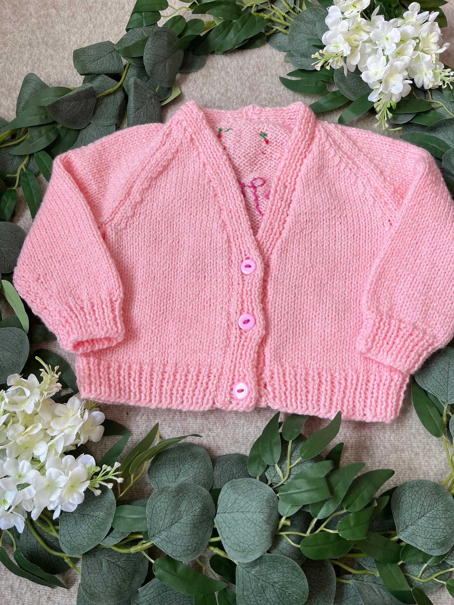 Size 12-18 Months, Berry Cute, Pink Hand Knitted Cardigan