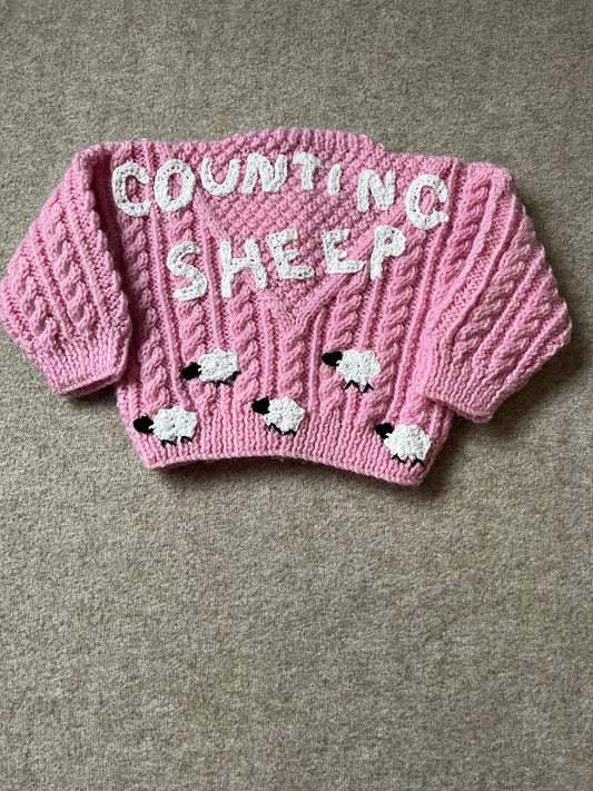 6-12 Months, Counting Sheep, Hand knitted Baby Cardigan, Pink Cardigan