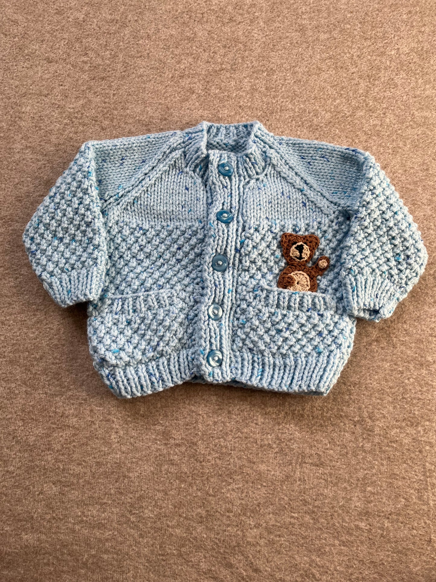 Size 6-12 Months, Blue Baby Bear Hand Knitted Cardigan, Bear In Pocket